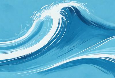 The primary subject of the image is a large wave in the ocean. The wave is depicted in a blue and white color scheme, with the blue representing the water and the white representing the foam. The setting is the ocean, with the wave crashing against the surface. The visual style of the image is a combination of digital art and illustration, creating a dynamic and realistic representation of the wave. The colors and mood of the image are calming and serene, as the wave gently rises and falls on the ocean