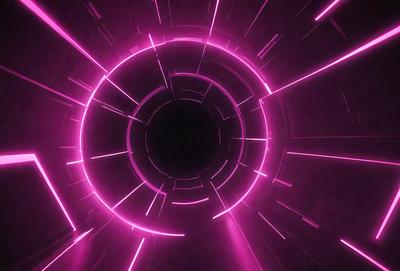 The primary subject of the image is a large, pink, circular structure with a black center. The setting is a dark room, and the visual style appears to be a combination of digital art and illustration. The dominant colors are pink and black, creating a striking and visually appealing scene.