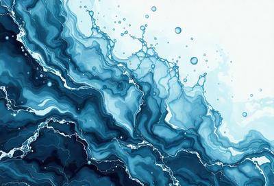 The primary subject of the image is a blue ocean with waves and bubbles. The setting is the ocean, and the visual style is a painting or drawing. The dominant colors are blue and white, creating a serene and calming atmosphere.