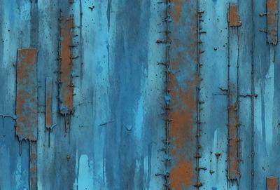 The primary subject of the image is a blue wall with a rusty metal surface. The setting is a room with a blue wall, and the visual style is a photo. The dominant colors are blue and rust, creating a mood of contrast and aged appearance.