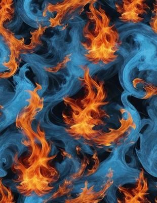 The primary subject of the image is a blue and orange flame pattern, which is the main object, scene, or focus of the image. The setting or background features a blue and orange flame pattern, which creates a visually striking and unique visual style. The colors and mood of the image are predominantly blue and orange, with a sense of warmth and energy.