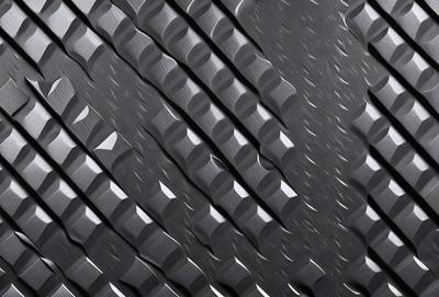 The primary subject of the image is a close-up of a black tire with a patterned surface. The setting is a black background, and the visual style appears to be a photo. The dominant colors are black and grey, creating a moody atmosphere.