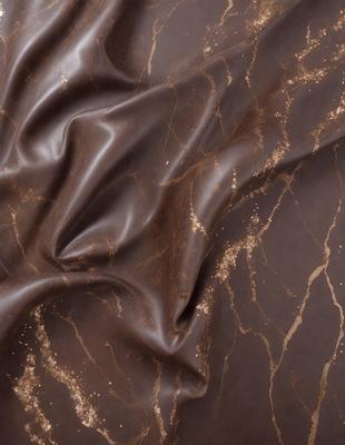 The primary subject of the image is a piece of brown fabric, possibly a leather material, with a pattern of gold and brown streaks. The setting is a close-up view of the fabric, showcasing its texture and pattern. The visual style appears to be a photo, as it captures the details of the fabric. The colors and mood of the image are warm and earthy, with the gold and brown tones creating a sense of richness and depth.