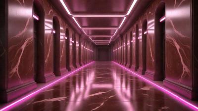 The primary subject of the image is a long hallway with a pink glow. The setting is a dark, narrow passage with a row of arched doorways. The visual style is a digital art, creating a surreal and eerie atmosphere. The colors and mood are predominantly pink, giving the scene a unique and striking appearance.