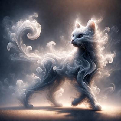 The primary subject of the image is a white cat with a long tail. The cat is standing on a sandy surface, possibly a beach, with a cloudy sky in the background. The visual style of the image is digital art, as it appears to be a painting or drawing of the cat. The colors and mood of the image are somewhat dark and moody, with the white cat standing out against the cloudy sky.