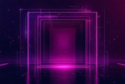 The primary subject of the image is a large, purple, three-dimensional box. The setting is a dark room with a purple background, creating a moody atmosphere. The visual style is a combination of digital art and illustration, giving the box a futuristic and intriguing appearance. The colors and mood of the image are predominantly purple, which adds to the overall ambiance of the scene.