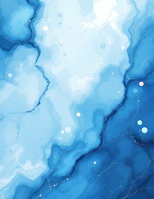 The primary subject of the image is a blue and white painting of a landscape. The setting is a blue sky with white clouds, and the visual style is a digital art or illustration. The colors and mood of the painting are predominantly blue and white, creating a serene and calming atmosphere.