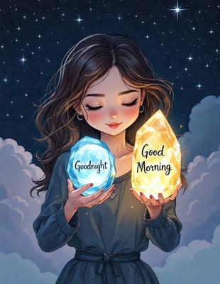 The primary subject of the image is a young girl holding two crystal balls. The setting is a night sky, with the girl standing in front of a cloudy background. The visual style is a digital art illustration, creating a whimsical and magical atmosphere. The colors are predominantly blue and white, with the crystal balls adding a touch of green.