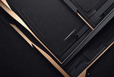 The primary subject of the image is a black and gold geometric pattern. The setting is a black background, and the visual style appears to be a digital art or illustration. The dominant colors are black and gold, creating a sophisticated and elegant atmosphere.