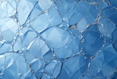 The primary subject of the image is a blue, glass-like surface with a pattern of triangles. The setting is a blue background, and the visual style appears to be a digital art or illustration. The dominant colors are blue and white, creating a calm and serene atmosphere.
