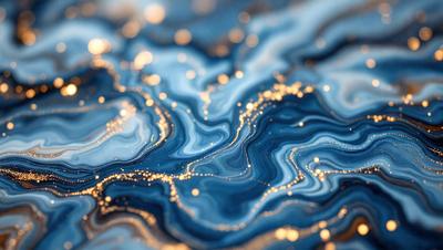 The primary subject of the image is a blue and gold swirling pattern, which appears to be a digital art or illustration. The setting is a blue background, and the visual style is a combination of digital art and photography. The dominant colors are blue and gold, creating a vibrant and lively atmosphere.
