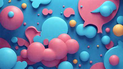 The primary subject of the image is a colorful, abstract artwork featuring a blue and pink background with various shapes and colors. The setting is a wall, and the visual style appears to be a combination of digital art and illustration. The dominant colors are blue and pink, creating a vibrant and lively atmosphere.
