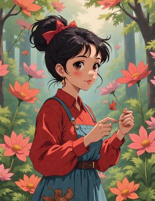 The primary subject of the image is a young girl wearing a red shirt and a blue dress. She is holding a flower in her hand, surrounded by a field of flowers. The setting is a garden, with trees in the background. The visual style is an illustration, depicting a whimsical and charming scene. The colors are predominantly pink and red, creating a warm and inviting atmosphere.