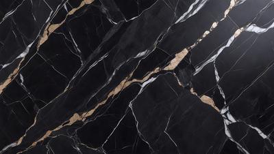 The primary subject of the image is a marble countertop with a black and gold pattern. The setting is a kitchen, and the visual style is a close-up of the countertop. The dominant colors are black and gold, creating a luxurious and elegant atmosphere.