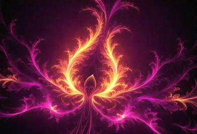 The primary subject of the image is a brightly colored, flame-like pattern or design. The setting is a dark background, which contrasts with the vibrant colors of the flame-like pattern. The visual style appears to be a combination of digital art and illustration, creating a unique and eye-catching design. The dominant colors in the image are purple and orange, giving the overall atmosphere a warm and inviting feel.