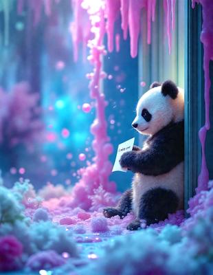 The primary subject of the image is a panda bear sitting on a pink surface, which appears to be a combination of snow and cotton candy. The setting is a room with a door, and the visual style is a digital art or illustration. The dominant colors in the image are pink and white, creating a playful and whimsical atmosphere.