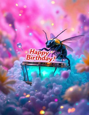 The primary subject of the image is a happy birthday message, which is displayed on a birthday cake. The cake is placed in a colorful and vibrant setting, with a backdrop of a pink and purple background. The visual style of the image is a combination of photo and digital art, creating a unique and eye-catching presentation. The colors and mood of the image are predominantly pink and purple, which are associated with celebration and joy.