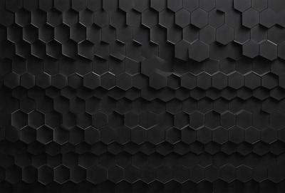 The primary subject of the image is a black wall with a pattern of hexagons. The setting is a black background, and the visual style appears to be a pattern or texture. The dominant colors are black and white, creating a bold and striking appearance.