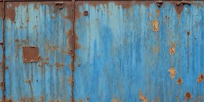 The primary subject of the image is a blue wall with a rusted surface. The setting is a room with a blue wall, and the visual style is a photo. The dominant colors are blue and rust, creating a mood of aged and worn-out appearance.