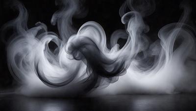 The primary subject of the image is a large, dark, and smoky cloud. The setting is a black background, which contrasts with the cloud, making it stand out. The visual style is a black and white photo, giving the image a dramatic and moody atmosphere. The dominant colors are black and white, with the cloud being the main focus of the image.