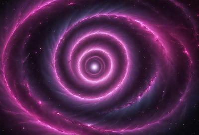 The primary subject of the image is a large, pink, spiral-shaped structure, which appears to be a part of a larger, pink, swirling pattern. The setting is a space environment, with the spiral structure being the main focus of the image. The visual style is a combination of digital art and illustration, creating a vibrant and dynamic scene. The colors and mood of the image are predominantly pink, giving it a warm and inviting atmosphere.