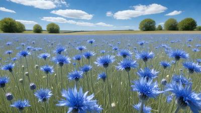 The primary subject of the image is a field of blue flowers, with a sky background. The visual style appears to be a photo, capturing the beauty of the flowers in their natural environment. The colors and mood of the image are predominantly blue, creating a serene and calming atmosphere.