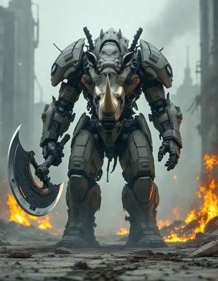 The primary subject of the image is a robot with a rhinoceros head, holding a large sword. The robot is standing in a setting with a backdrop of a city, possibly a post-apocalyptic environment. The visual style of the image is digital art, with the robot and its surroundings depicted in a detailed and realistic manner. The colors and mood of the image are dark and dramatic, with the robot and its surroundings being predominantly black and white.