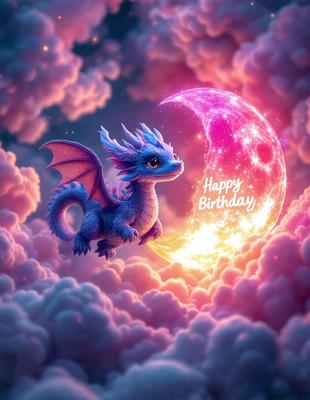 The primary subject of the image is a dragon, which is sitting on a cloud. The setting is a pink and purple sky, creating a whimsical and magical atmosphere. The visual style is digital art, with the dragon and clouds being rendered in a vibrant and colorful manner. The colors and mood of the image are predominantly pink and purple, giving it a celebratory and joyful feel, likely representing a birthday or special occasion.