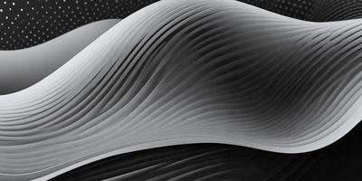 The primary subject of the image is a large, curved, and wavy structure, possibly a sculpture or a piece of art. The setting is a black background, which emphasizes the shape and form of the structure. The visual style appears to be a combination of digital art and illustration, as the structure seems to be a blend of organic and geometric shapes. The colors and mood of the image are predominantly dark and dramatic, with the wavy structure creating a sense of movement and depth.
