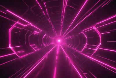 The primary subject of the image is a tunnel-like structure with a pink lighting effect. The setting is a futuristic environment, and the visual style appears to be a combination of digital art and illustration. The dominant colors in the image are pink and purple, creating a unique and captivating atmosphere.