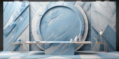 The primary subject of the image is a marble countertop with a blue marble top. The setting is a bathroom, with a marble wall and a marble sink. The visual style is a photo, and the colors and mood are predominantly blue, giving the space a calm and sophisticated atmosphere.
