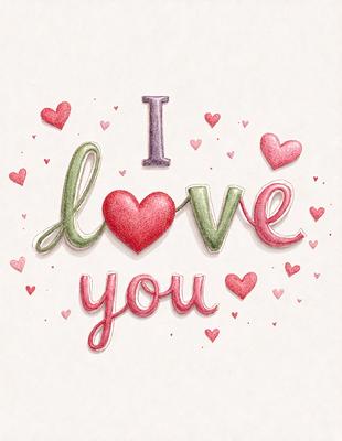 The primary subject of the image is a heart-shaped sign that says "I Love You." The setting is a white background, and the visual style is a combination of digital art and illustration. The colors are predominantly pink and red, creating a warm and affectionate atmosphere.