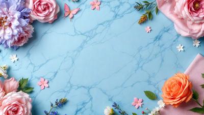 The primary subject of the image is a blue marble table with a variety of flowers and leaves arranged on it. The setting is a blue marble table, and the visual style is a photo. The colors and mood of the image are predominantly blue and pink, creating a serene and calming atmosphere.