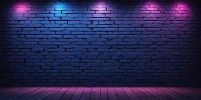 The primary subject of the image is a brick wall with a blue background. The setting is a dark room, possibly a stage or a theater. The visual style is a photo, and the dominant colors are blue and purple, creating a moody atmosphere.