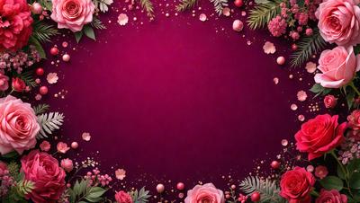The primary subject of the image is a purple background with a circle shape. The setting is a floral arrangement, featuring pink flowers and leaves. The visual style is a combination of photo and digital art, creating a unique and artistic composition. The colors and mood of the image are predominantly pink, which gives it a warm and inviting atmosphere.