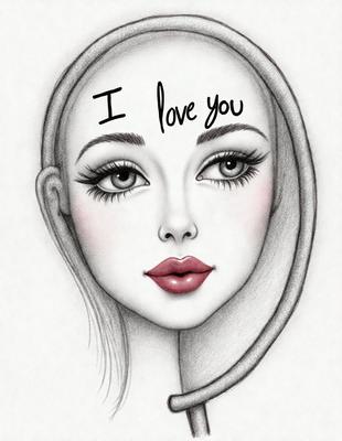 The primary subject of the image is a woman's face with a heart-shaped message written on it. The heart says "I love you." The setting is a close-up of the woman's face, and the visual style is a drawing or illustration. The colors are predominantly red and pink, giving the image a warm and affectionate mood.
