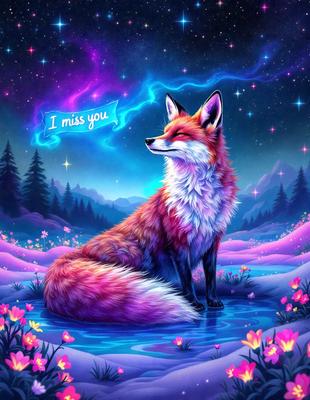 The primary subject of the image is a fox, which is sitting in a field with a purple background. The visual style of the image is digital art, and the colors and mood are predominantly purple and pink, creating a whimsical and dreamy atmosphere.