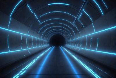 The primary subject of the image is a long, narrow tunnel with a blue light illuminating it. The tunnel appears to be a part of a futuristic city, as indicated by the blue lighting and the overall atmosphere. The setting is a dark, enclosed space, and the visual style is a combination of a photo and digital art. The dominant colors are blue and black, creating a sense of depth and mystery in the scene.