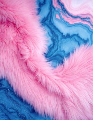 The primary subject of the image is a pink and purple fur, which is the main focus of the image. The setting is a blue and white marbled surface, which serves as the backdrop for the fur. The visual style of the image is a close-up of the fur, showcasing its texture and color. The colors and mood of the image are predominantly pink and purple, creating a warm and inviting atmosphere.