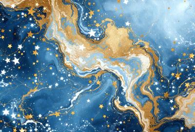The primary subject of the image is a blue and gold starry background with a swirling design. The setting is a night sky, and the visual style is a combination of digital art and illustration. The dominant colors are blue and gold, creating a serene and celestial atmosphere.