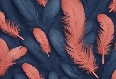 The primary subject of the image is a close-up of a feather, which is the main object in the scene. The feather is displayed against a blue background, giving it a vibrant and eye-catching appearance. The visual style of the image is a combination of photo and digital art, creating a realistic yet artistic representation of the feather. The dominant colors in the image are blue and orange, with the blue background providing a contrasting backdrop for the orange feather. The overall atmosphere of the image is