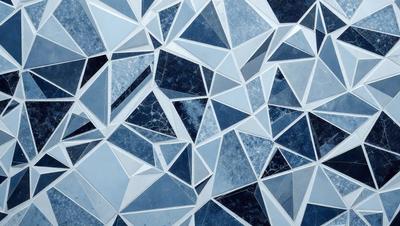 The primary subject of the image is a blue and white patterned surface, which appears to be a tile or a wall with a geometric design. The setting is a room with a blue and white color scheme. The visual style is a combination of digital art and illustration, creating a unique and intricate pattern. The colors and mood of the image are predominantly blue and white, giving it a clean and modern appearance.