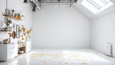 The primary subject of the image is a white room with a large white wall. The setting is a room with a white floor and a white wall. The visual style is a photo, and the colors and mood are predominantly white, giving the room a clean and minimalist appearance.