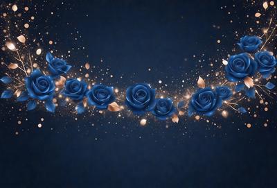 The primary subject of the image is a row of blue roses. The setting is a dark blue background, which creates a contrasting and dramatic effect. The visual style is a combination of digital art and illustration, giving the image a unique and artistic appearance. The dominant colors are blue and gold, with the blue roses being the main focus of the scene. The overall atmosphere is elegant and sophisticated, with the blue roses serving as the centerpiece of the image.