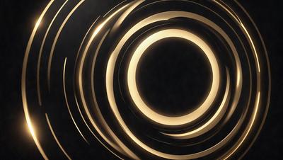The primary subject of the image is a large, golden circle. The setting is a dark background, which contrasts with the bright, shiny circle. The visual style is a combination of photo and digital art, creating a unique and eye-catching design. The dominant colors are gold and black, giving the image a bold and striking appearance.