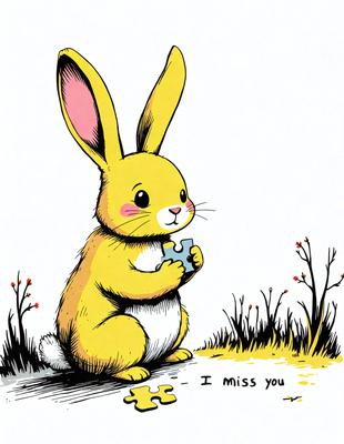 The primary subject of the image is a yellow bunny holding a piece of a jigsaw puzzle. The setting is a grassy area with a tree in the background. The visual style is a hand-drawn illustration, giving the image a warm and friendly atmosphere. The dominant colors are yellow and green, with the bunny being the main focus of the scene.