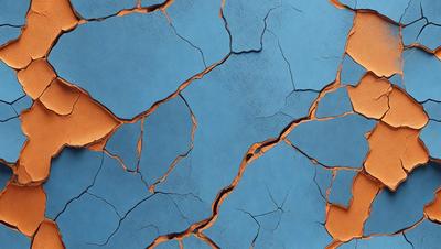 The primary subject of the image is a blue surface with a pattern of cracks and holes. The setting is a blue background, and the visual style appears to be a photo. The dominant colors are blue and orange, creating a contrasting and visually interesting scene.
