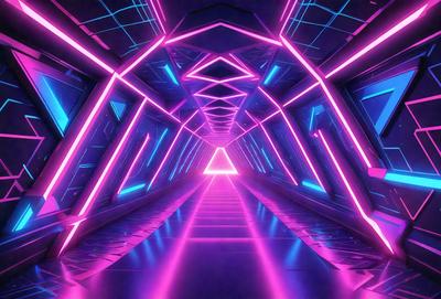 The primary subject of the image is a long, narrow, and brightly lit tunnel with a purple glow. The setting is a futuristic environment, possibly a space station or a futuristic city. The visual style is a combination of digital art and illustration, creating a vibrant and colorful atmosphere. The dominant colors are purple and pink, giving the scene a futuristic and surreal mood.