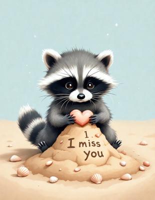 The primary subject of the image is a cute cartoon raccoon holding a heart. The setting is a sandy beach, and the visual style is a digital illustration. The colors are predominantly shades of brown and white, giving the image a warm and cozy atmosphere.