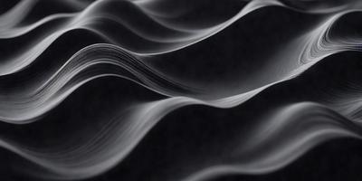 The primary subject of the image is a wave, which is the main object, scene, or focus of the image. The wave is depicted in a black and white style, giving it a classic and timeless appearance. The setting or background of the image is a dark surface, which contrasts with the wave, creating a dramatic and striking visual effect. The visual style of the image is a combination of photo and digital art, as it captures the essence of a wave in a unique and artistic manner. The colors and m
